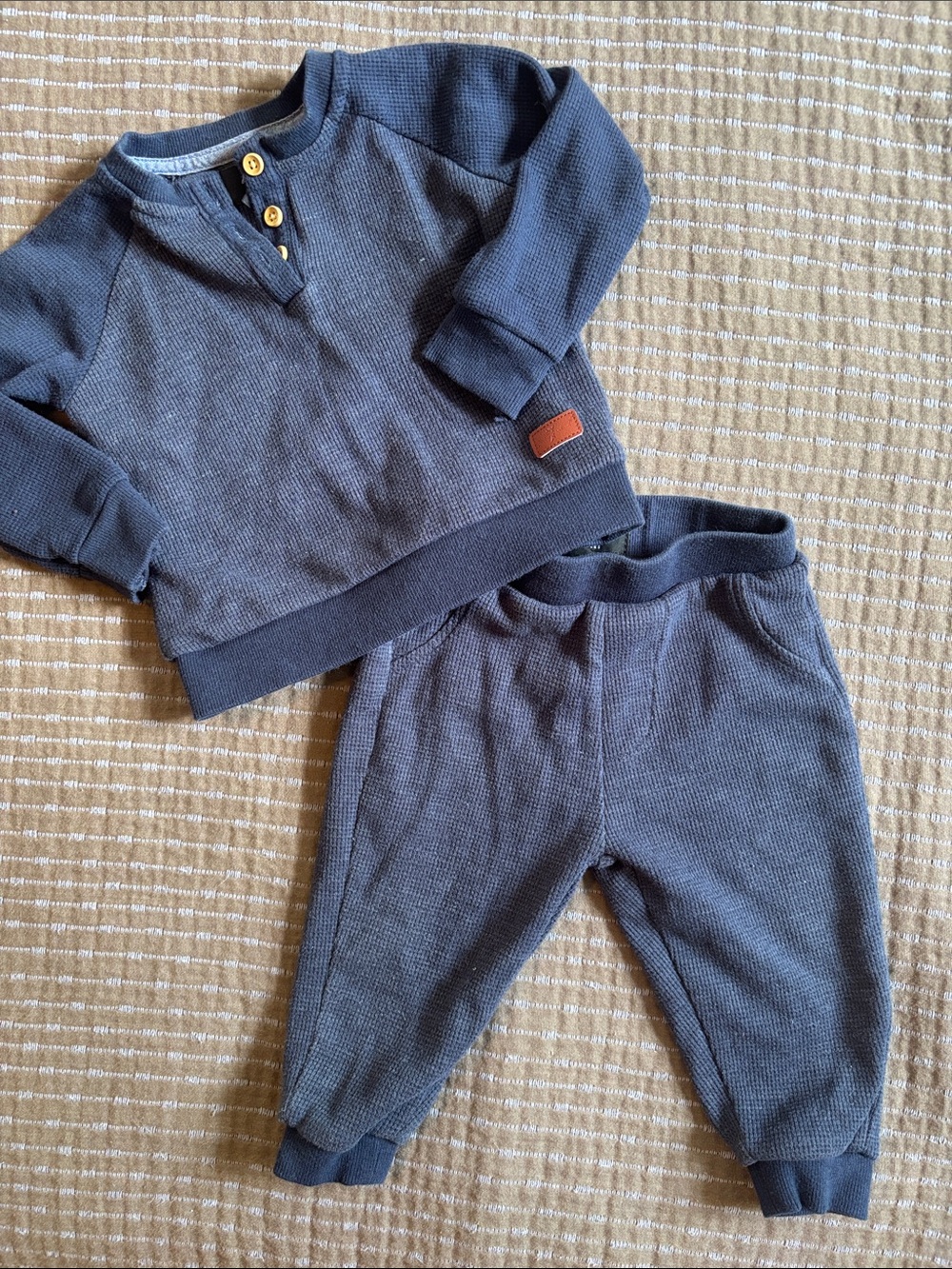 7 For All Mankind Baby Boy Waffle Knit Henley Shirt Pants Set Blue 12 Months
